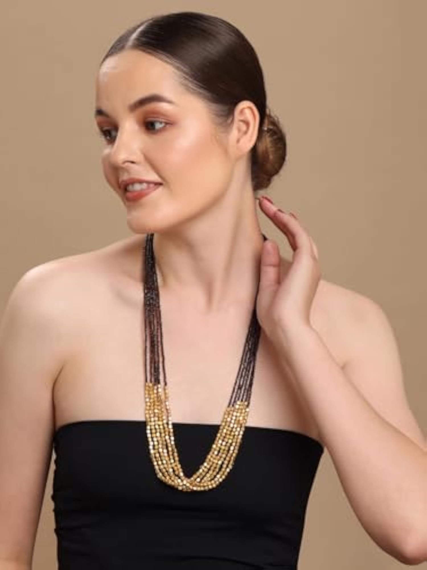 Women's Gold & Brown Tribal Ethnic Glass Necklace, Unique Style